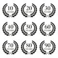 Anniversary laurel wreath icon set isolated on white background. 10, 20, 30, 40, 50, 60, 70, 80, 90 years. Template for award and